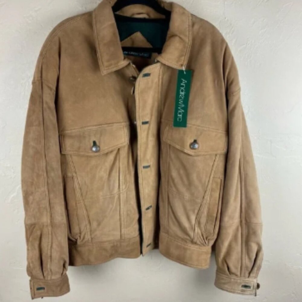 Andrew Marc Suede Lamb Leather Tan Brown Bomber Jacket Vintage size large NWT